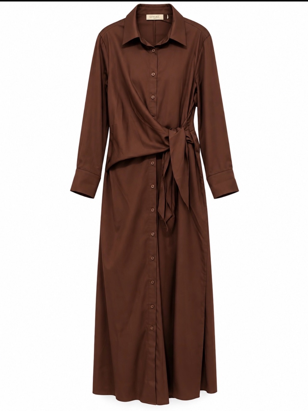 Tie-Waist Long Sleeve Shirt Dress in Brown